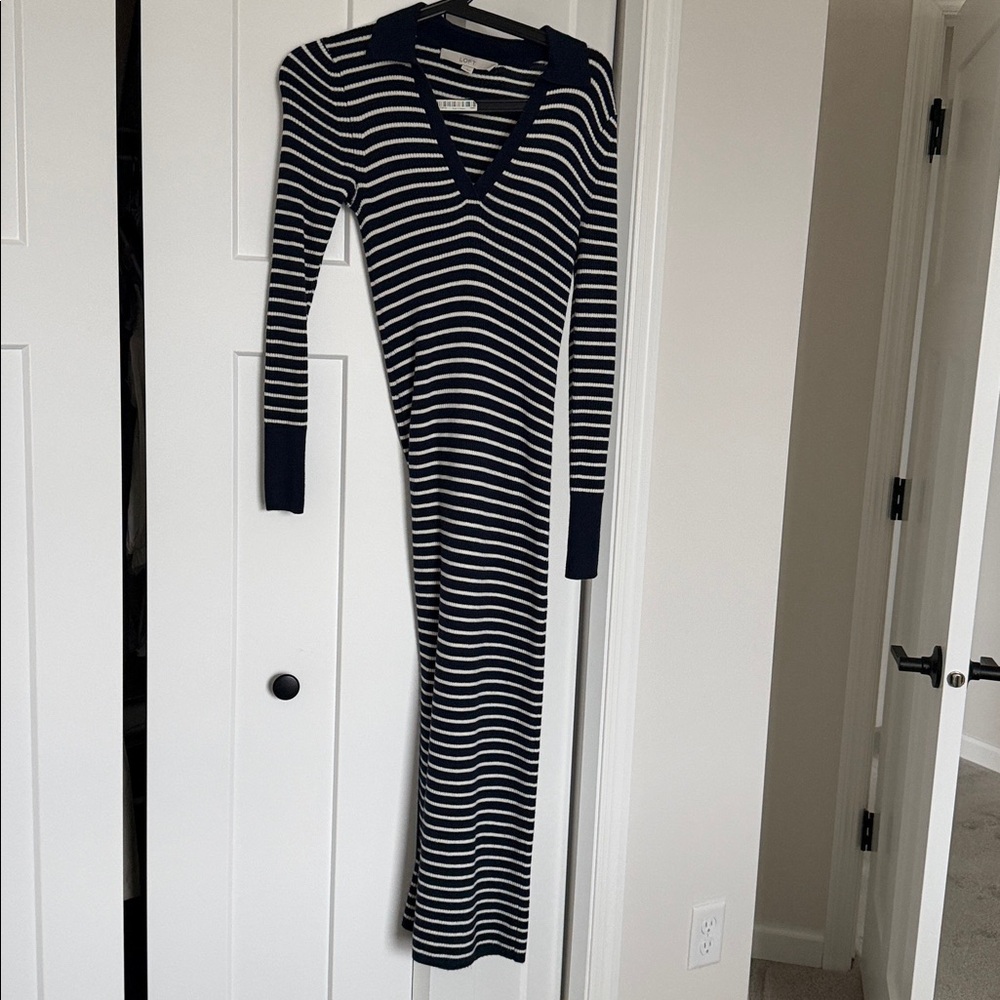 LOFT navy and White Striped Long Sleeve Dress